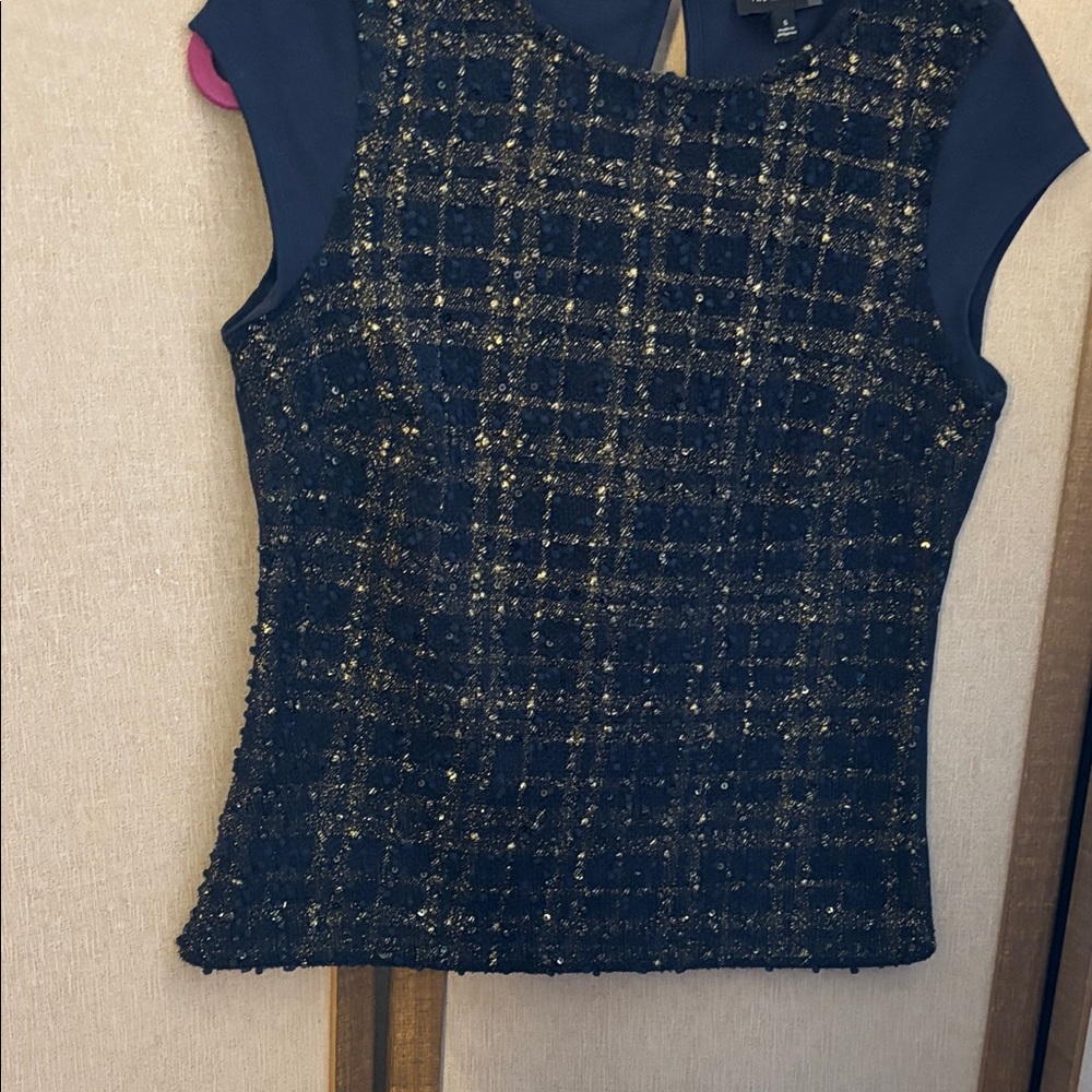 FINAL MARKDOWN The Limited Navy and Gold Checkered Blouse small